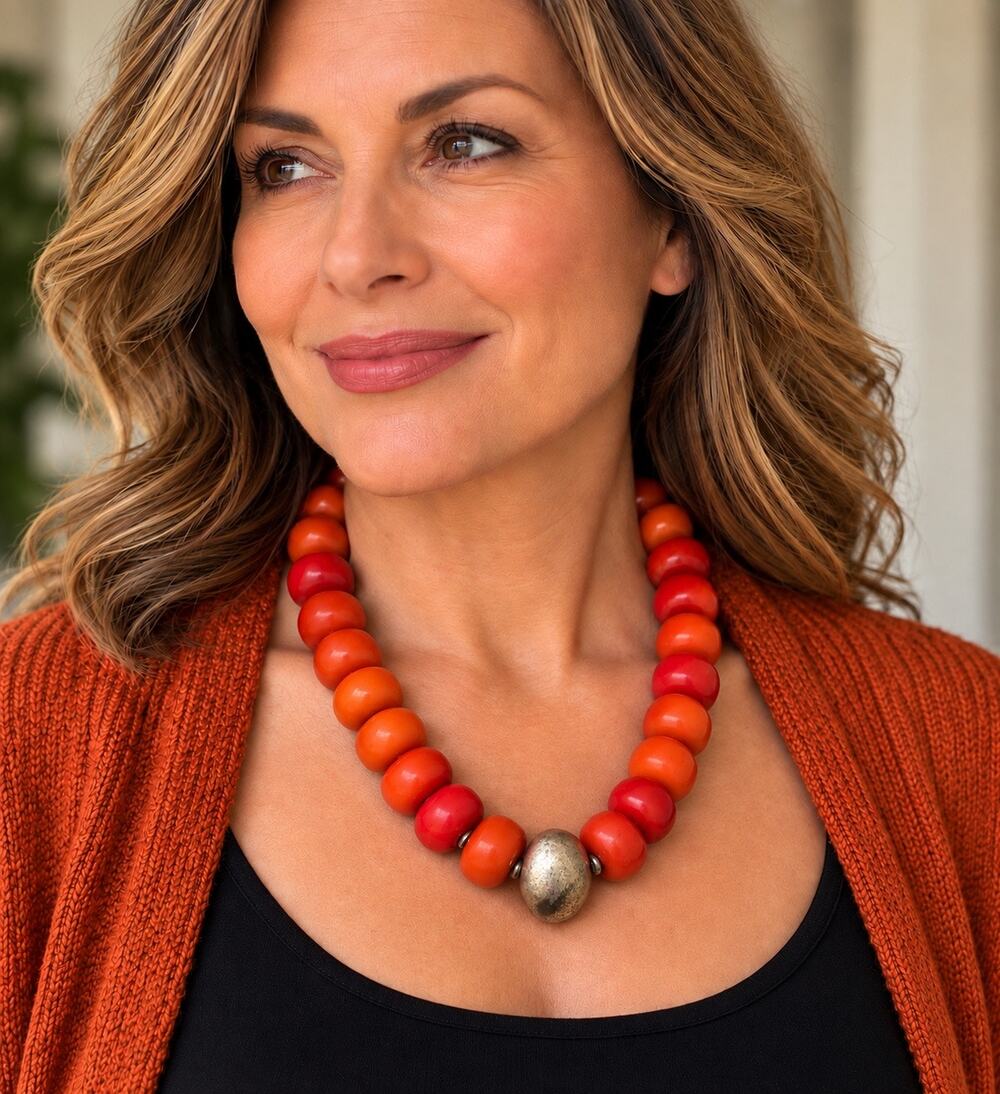 Chico’s Chunky Red Orange Bead Statement Necklace Silver Tone 20”